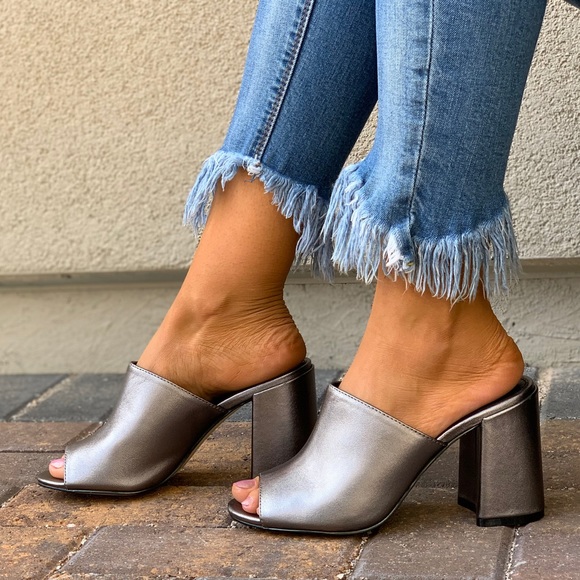 Free People Shoes - Metallic Silver Leather Peep Toe Chunky Heel Mule